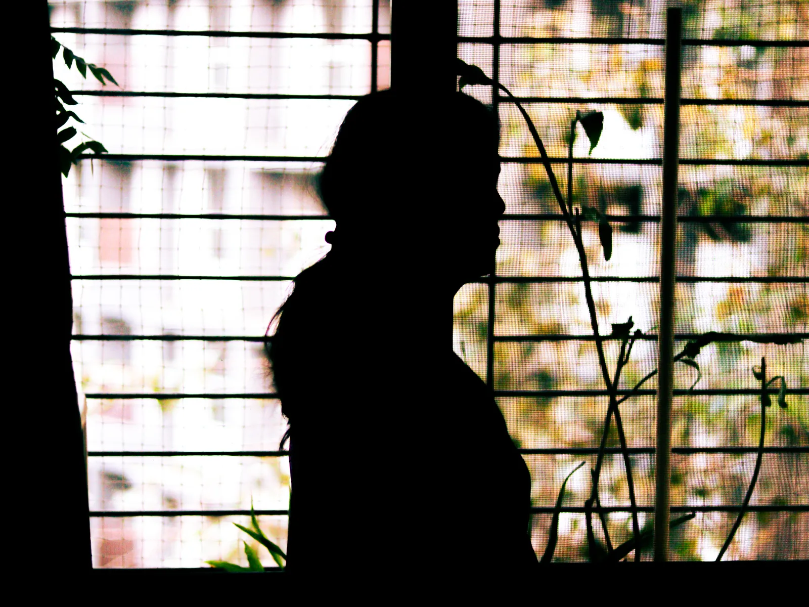 A woman in silhouette standing at a barred window, plants and daylight behind her