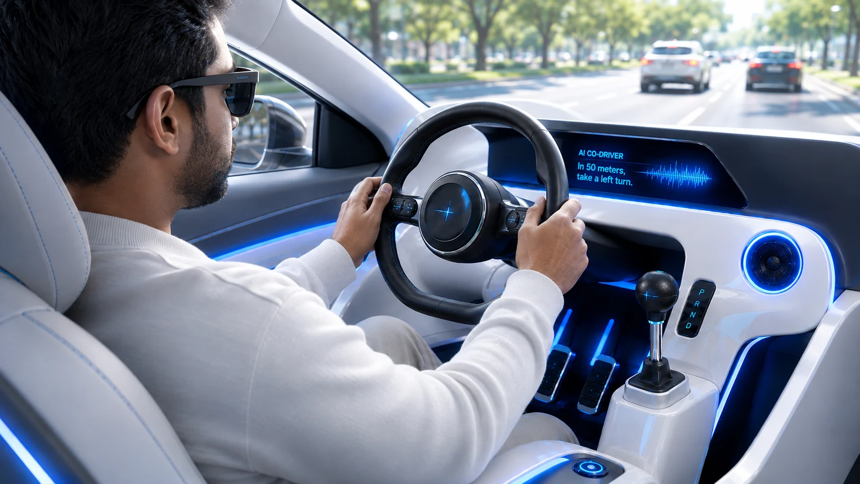 A driver in dark glasses at the wheel of an autonomous car, the dashboard reading “AI co-driver: in 50 meters, take a left turn”