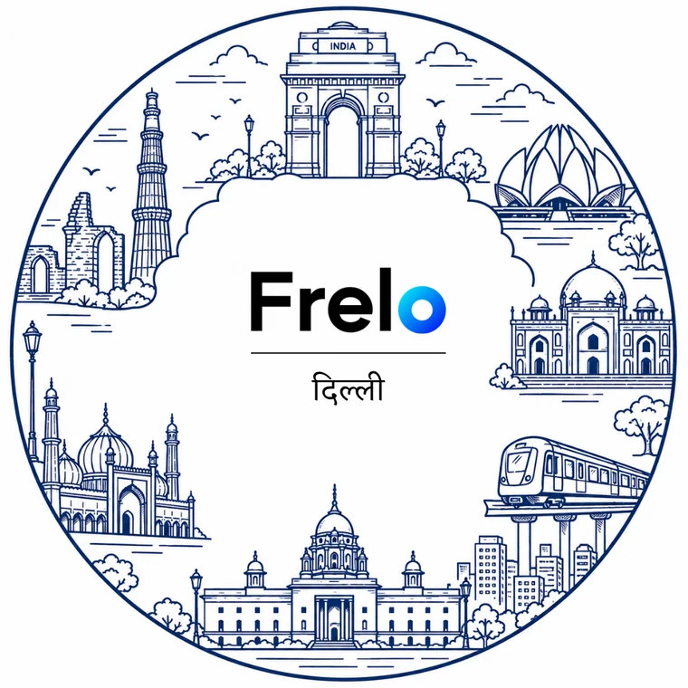 Frelo Delhi chapter logo, the city drawn in line art around the Frelo mark