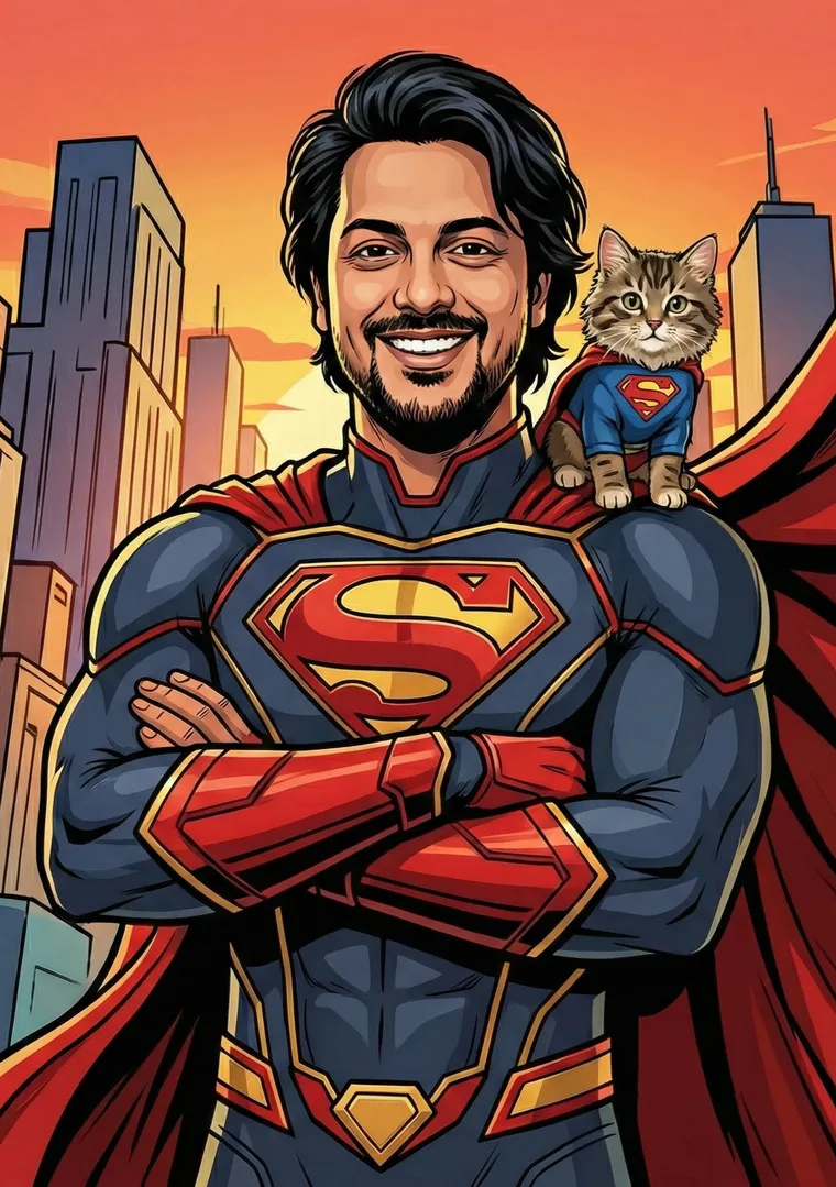 Ameet Palkar drawn as a superhero on a Frelo thank-you card