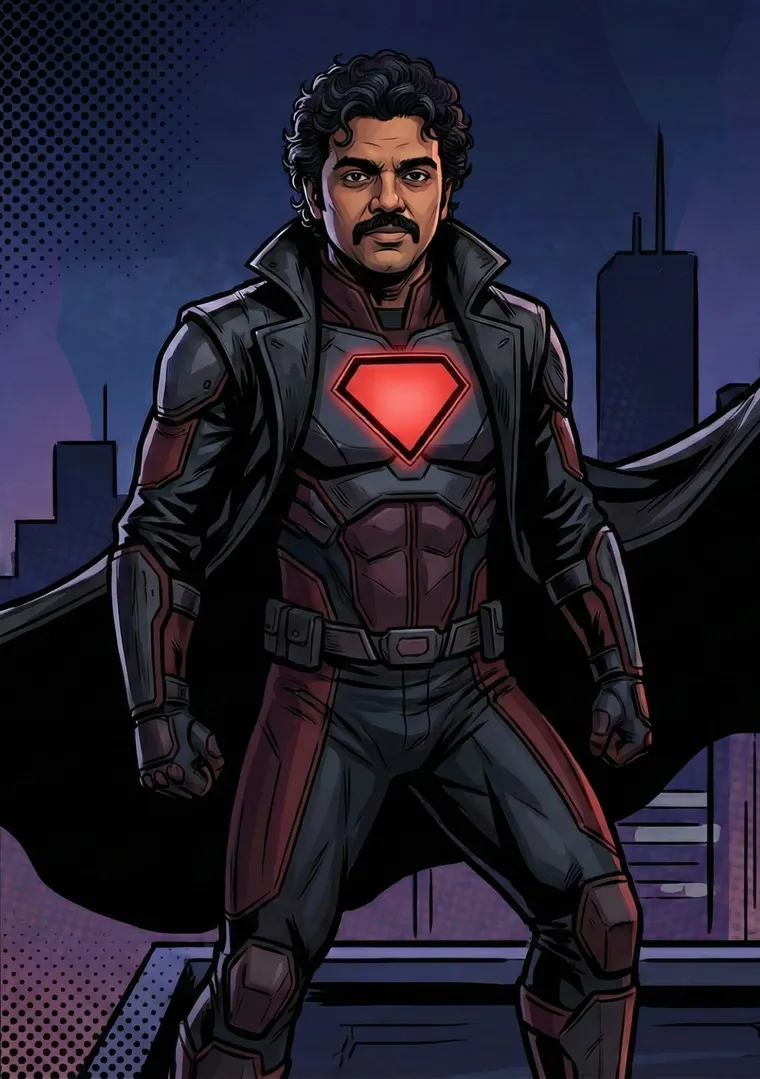P. K. Anil Kumar drawn as a superhero on a Frelo thank-you card