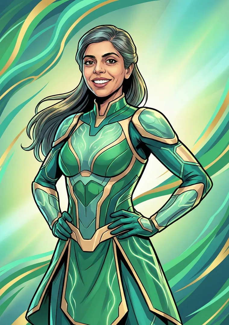 Shreya Shah drawn as a superhero on a Frelo thank-you card