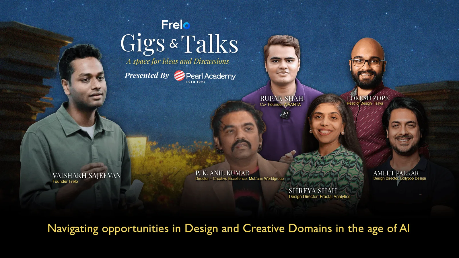Gigs & Talks poster: a Frelo event presented by Pearl Academy on navigating opportunities in design and creative domains in the age of AI