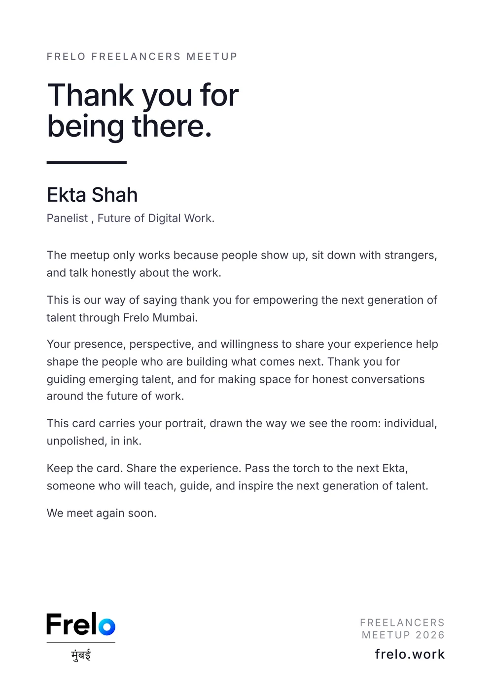 The back of Ekta Shah's card: a printed thank-you note from Frelo Mumbai