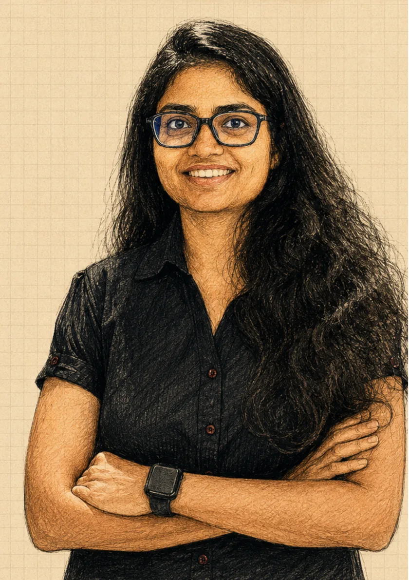 Ekta Shah drawn as an ink portrait on a Frelo meetup card