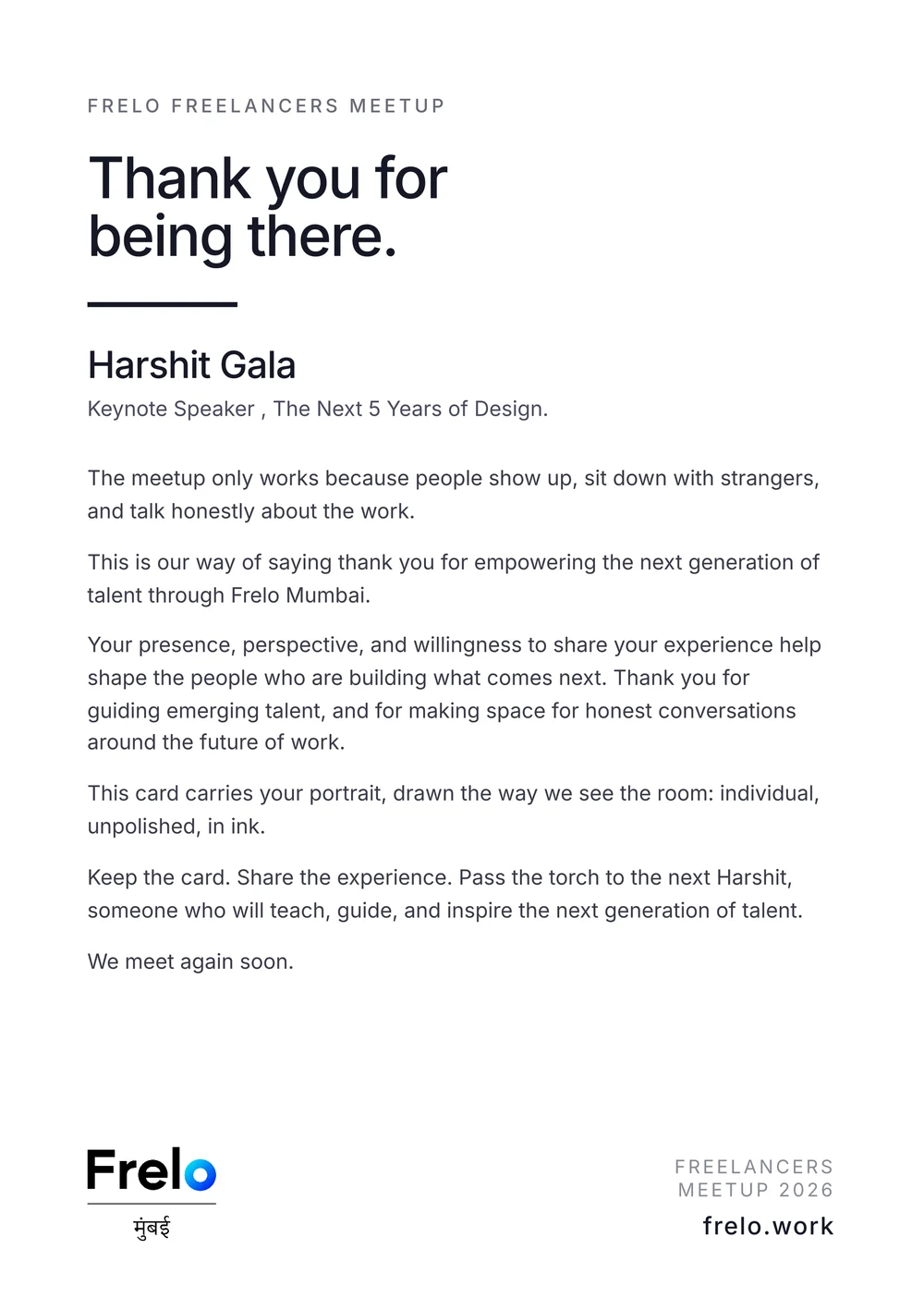 The back of Harshit Gala's card: a printed thank-you note from Frelo Mumbai