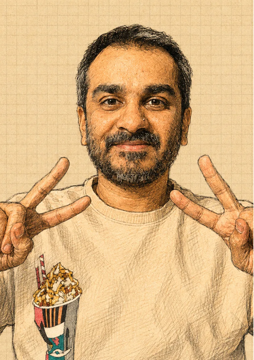 Harshit Gala drawn as an ink portrait on a Frelo meetup card