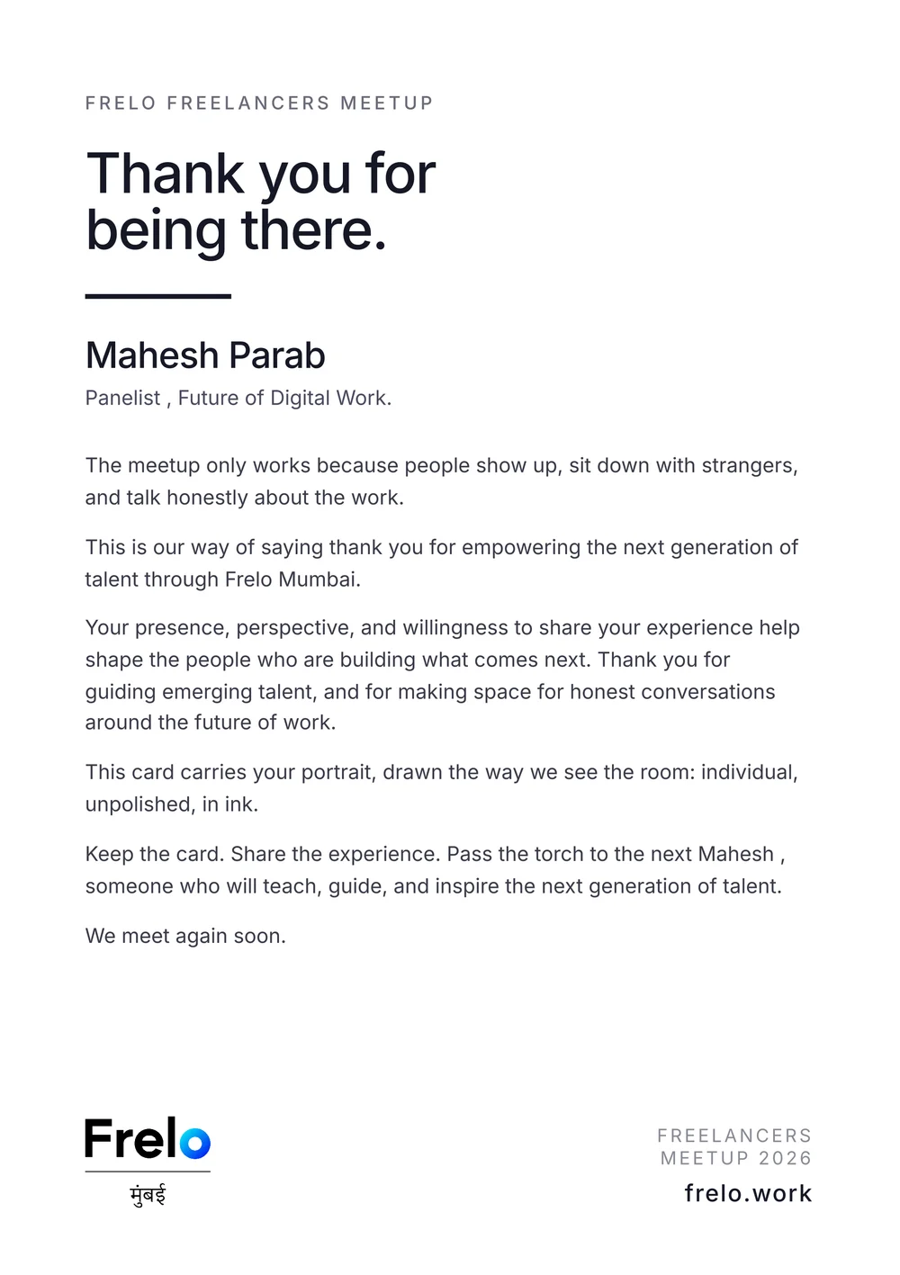 The back of Mahesh Parab's card: a printed thank-you note from Frelo Mumbai