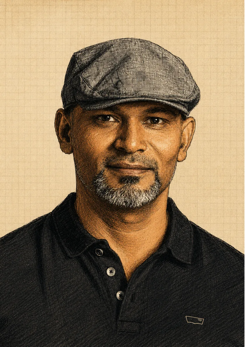 Mahesh Parab drawn as an ink portrait on a Frelo meetup card