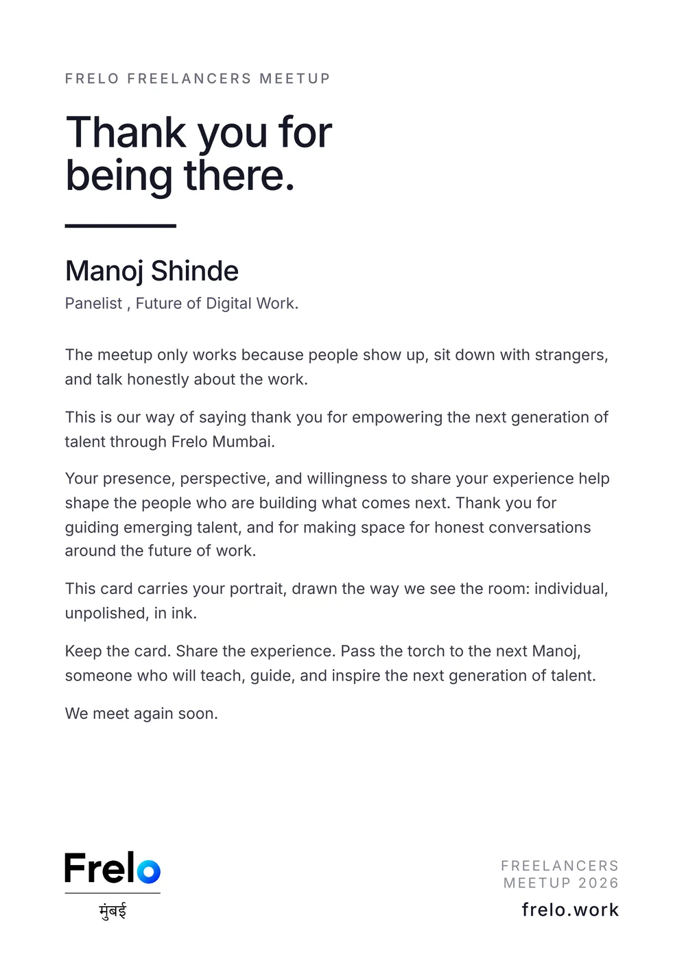 The back of Manoj Shinde's card: a printed thank-you note from Frelo Mumbai