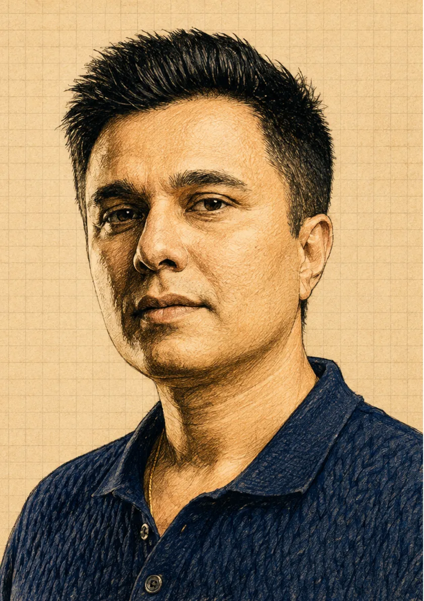 Manoj Shinde drawn as an ink portrait on a Frelo meetup card